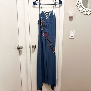 Rockwell Thorp Whimsy Embroidered Flowers Maxi Long Dress viscose linen blue S